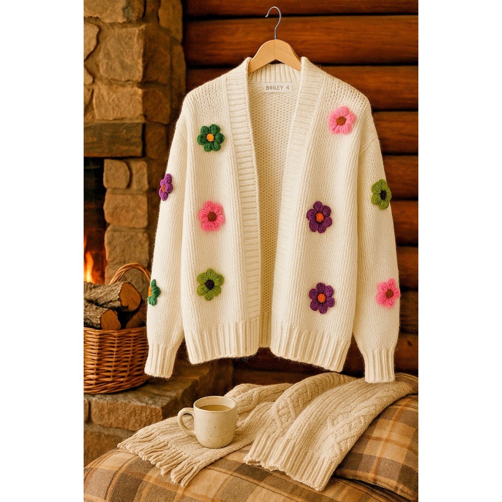Bailey 44 White Chunky Knit Cardigan Sweater 3D Crochet Flowers Soft Cozy